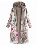 Vintage Print Cotton Hooded Zip Fleece Coat for Women