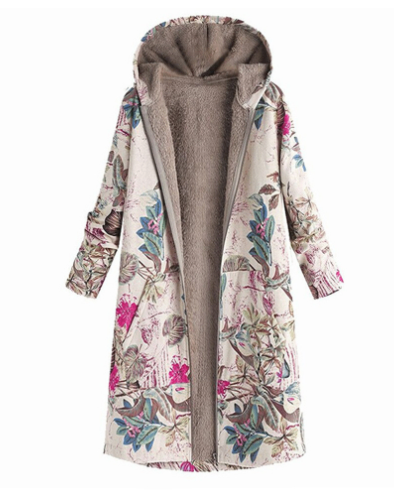Vintage Print Cotton Hooded Zip Fleece Coat for Women