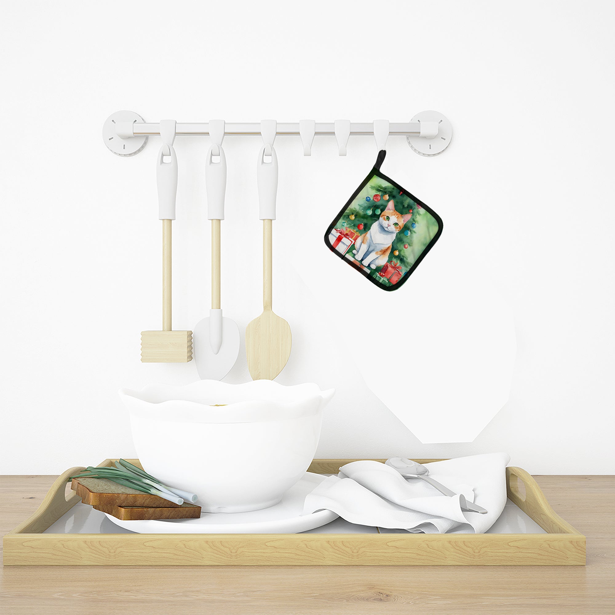 Japanese Bobtail Cat By the Christmas Tree Pair of Pot Holders
