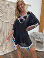 Solid Color V-Neck Crochet Beach Cover-Up Dress