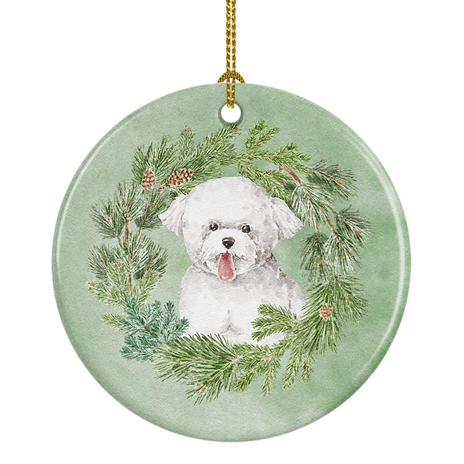 Bichon Frise Tongue Out Christmas Wreath Ceramic Ornament