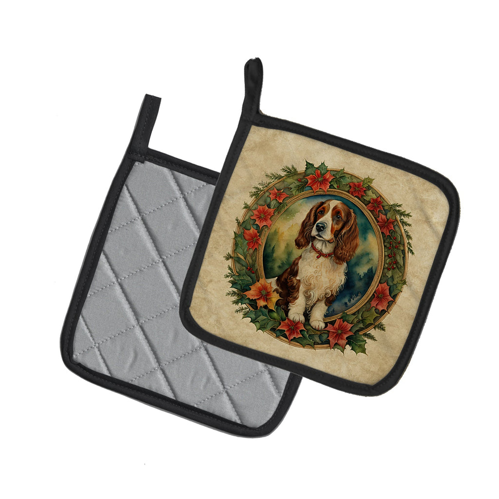 Welsh Springer Spaniel Christmas Flowers Pair of Pot Holders