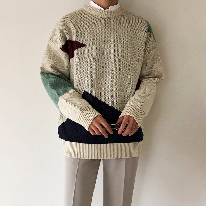 Thick Color-blocking Round Neck Loose Knit Sweater