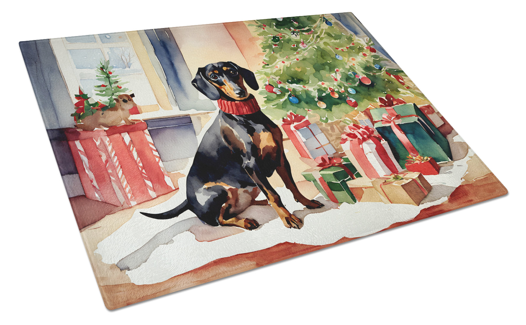 Dachshund Cozy Christmas Glass Cutting Board