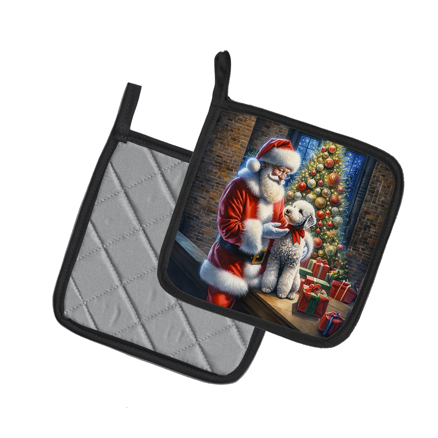 Bedlington Terrier and Santa Claus Pair of Pot Holders