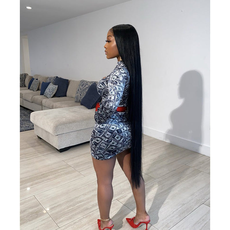 Money Print Velvet Bodycon Mini Dress with Gloves