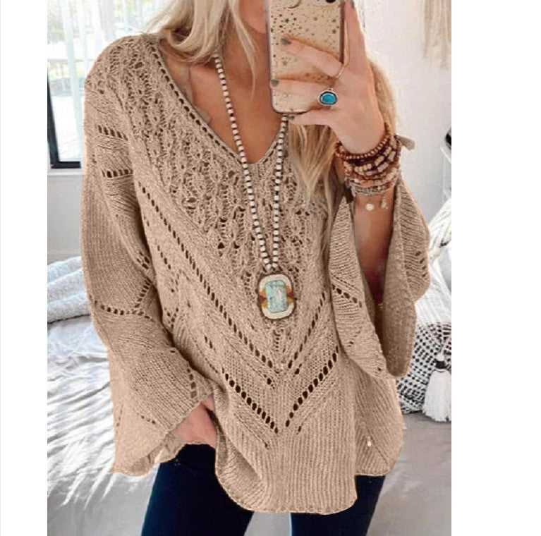 Solid Color Cutout V-Neck Flared Sleeve Sweater
