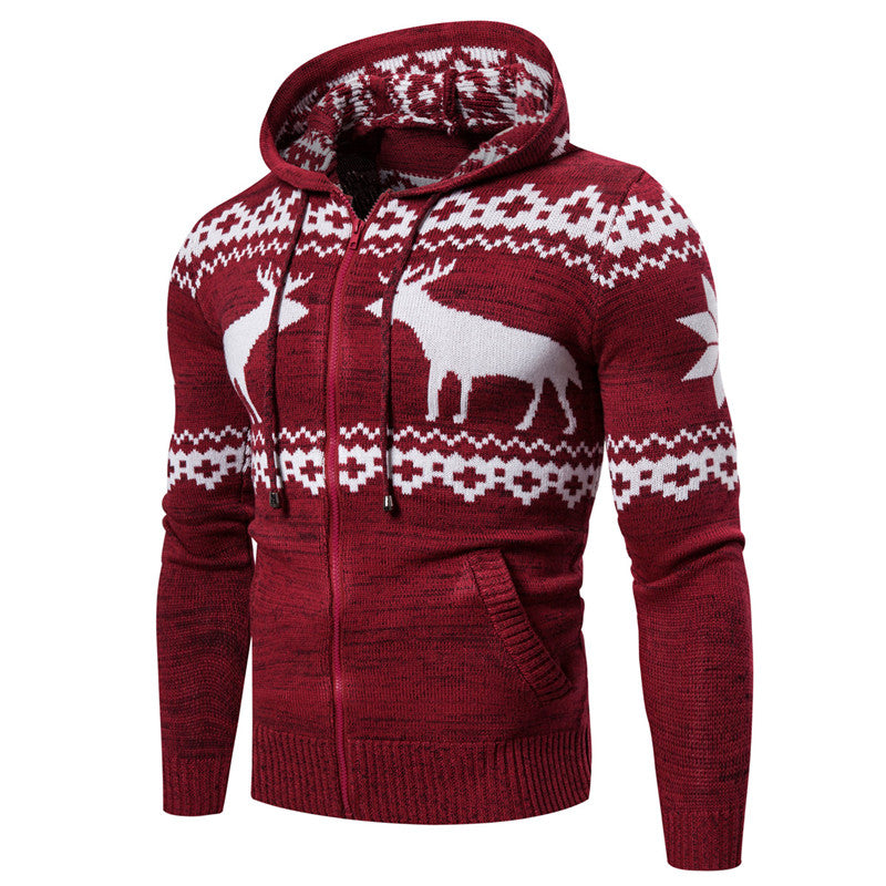 Men's Christmas Reindeer Knit Zipper Hoodie Sweater | Streetwear