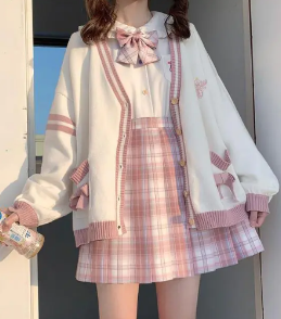 Kawaii Schoolgirl Outfit Set with Cardigan and Skirt