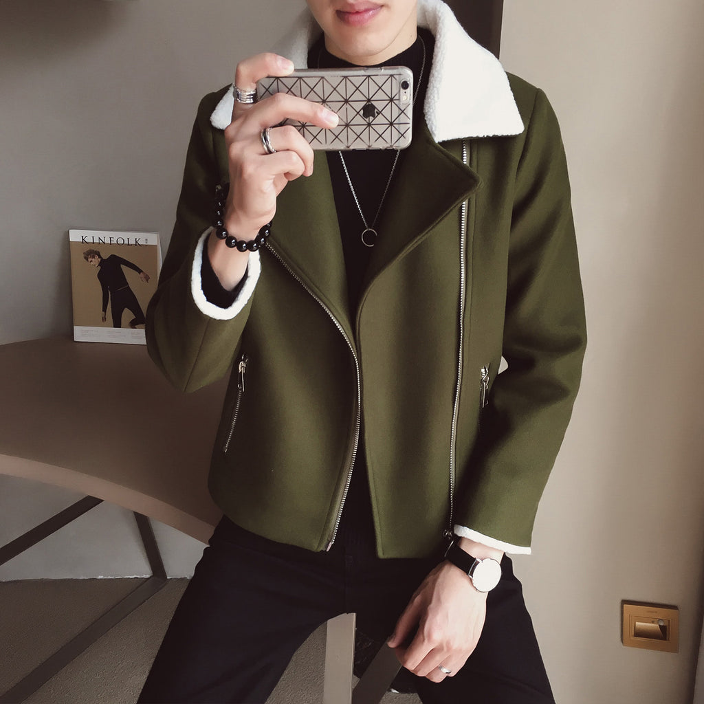 Lambs Wool Short Jacket with Diagonal Zipper
