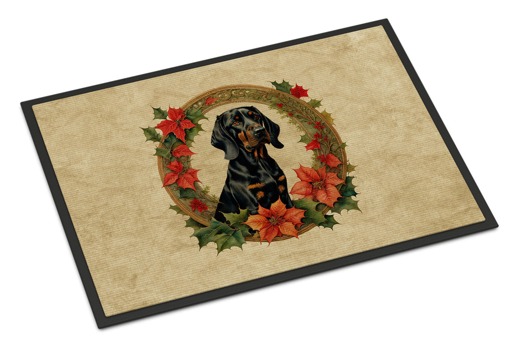 Black and Tan Coonhound Christmas Flowers Doormat