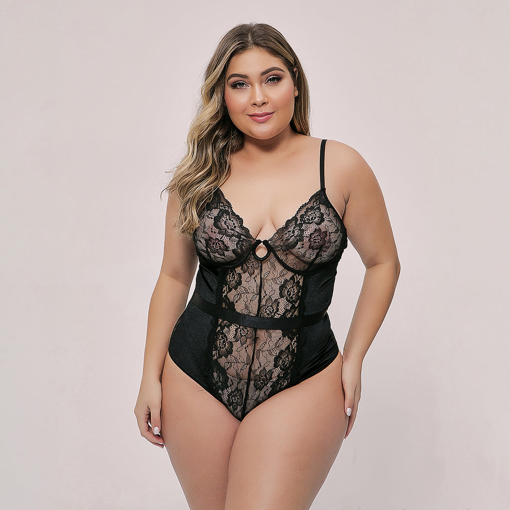 Plus Size Sexy Deep V Back Cross Strap Bodysuit 7489