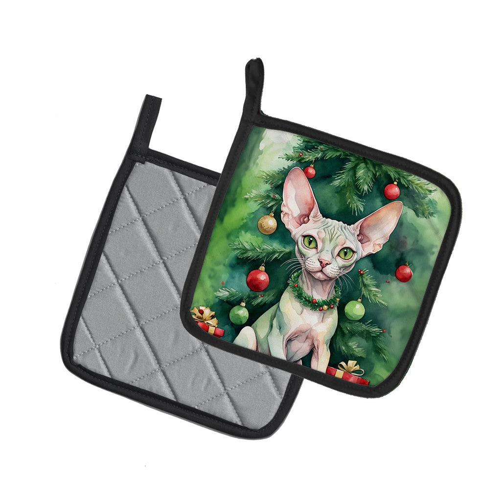 Minskin Cat By the Christmas Tree Pair of Pot Holders