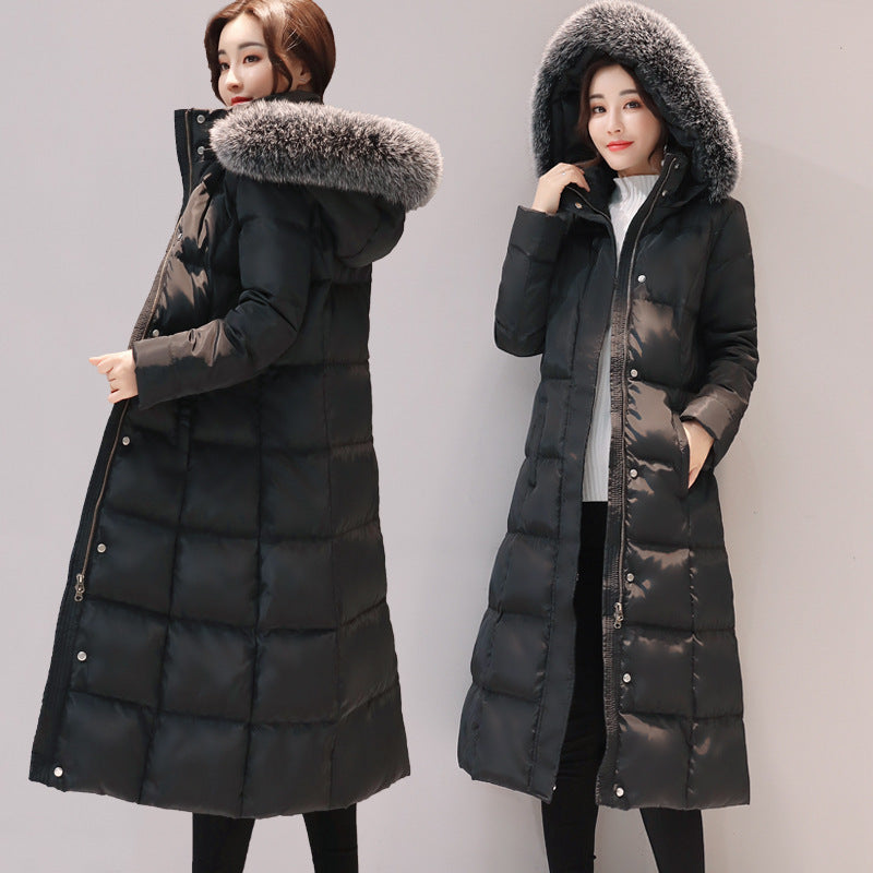 Hooded Long Down Jacket with Faux Fur Collar