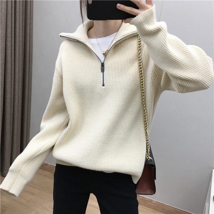 Elegant Large Lapel Zipper Sweater for Women