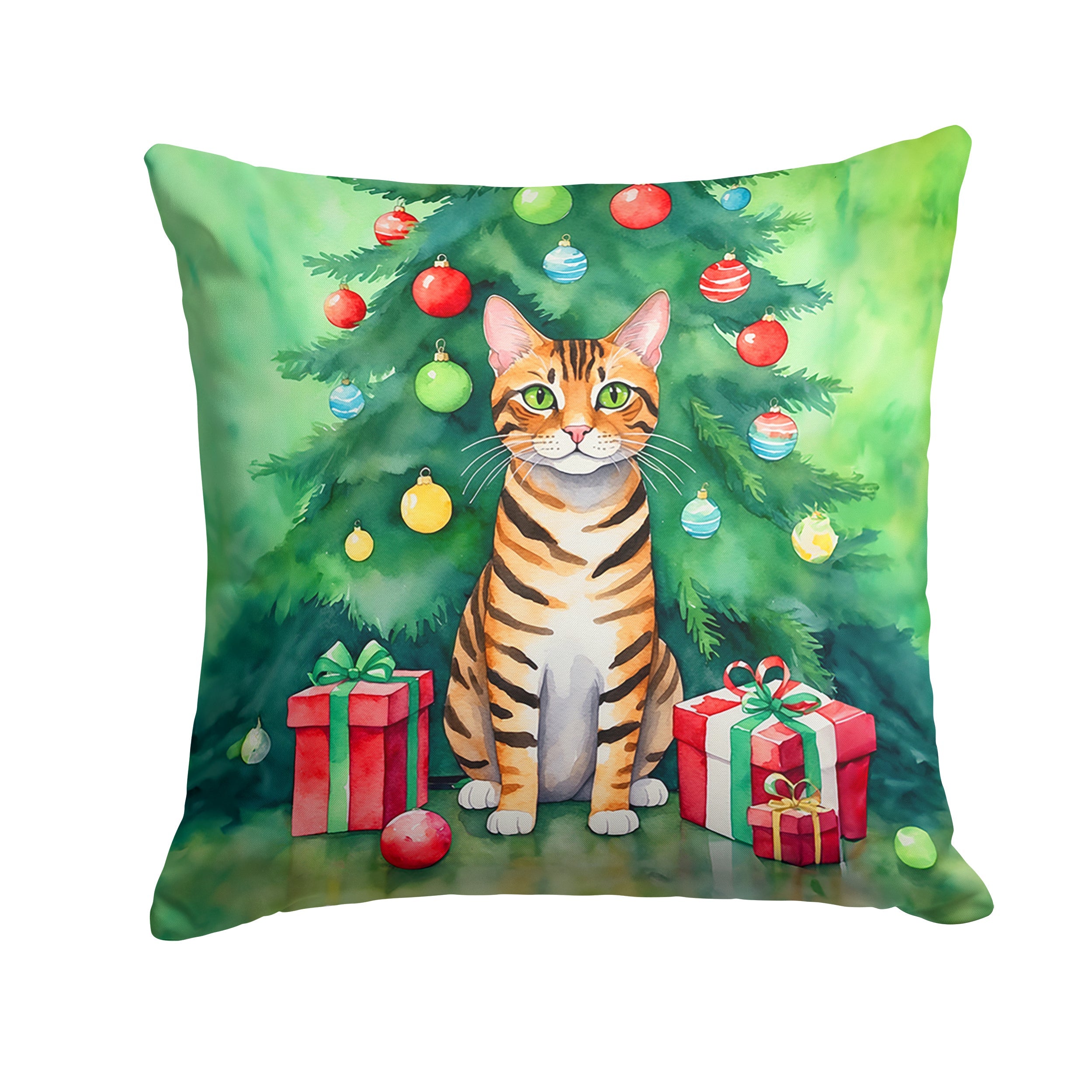 Toyger Cat By the Christmas Tree Throw Pillow