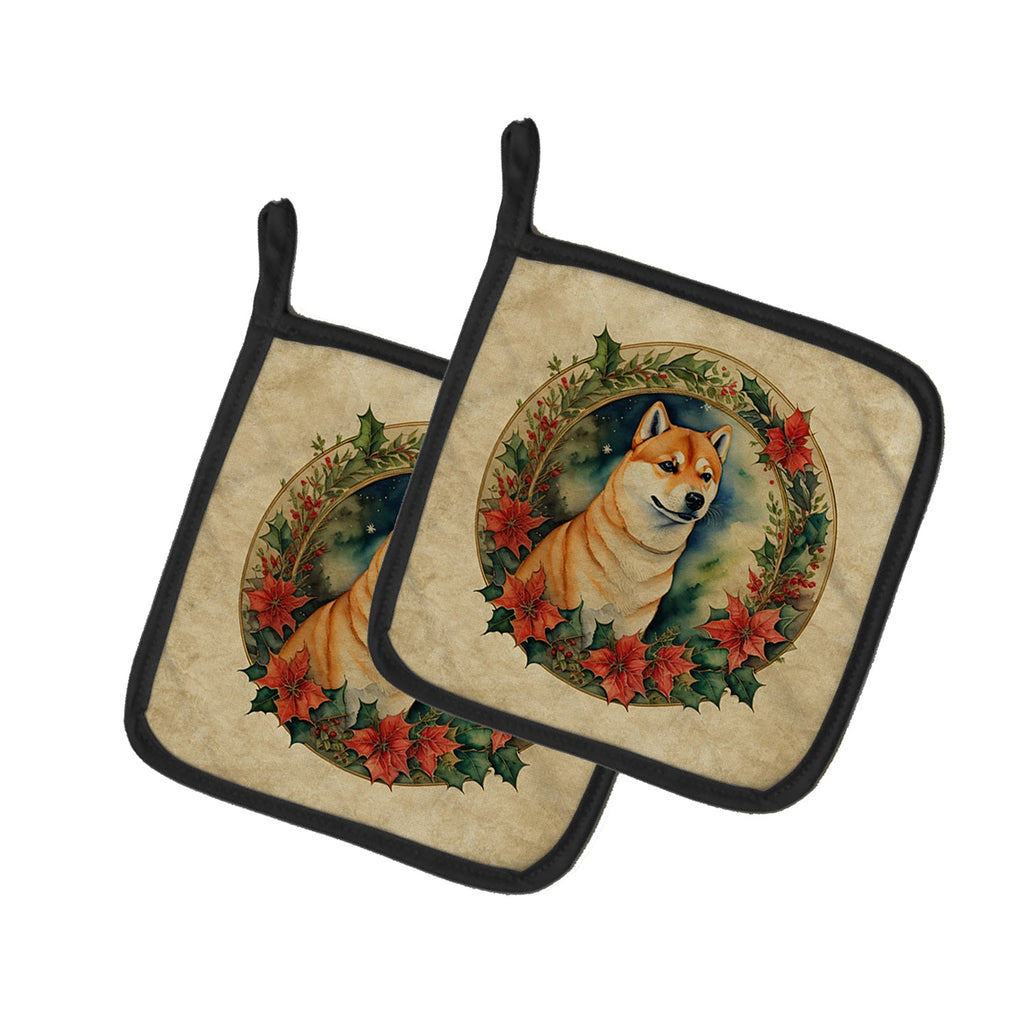 Shiba Inu Christmas Flowers Pair of Pot Holders