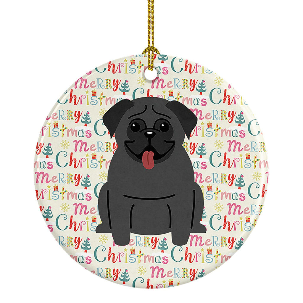 Merry Christmas Pug Black Ceramic Ornament