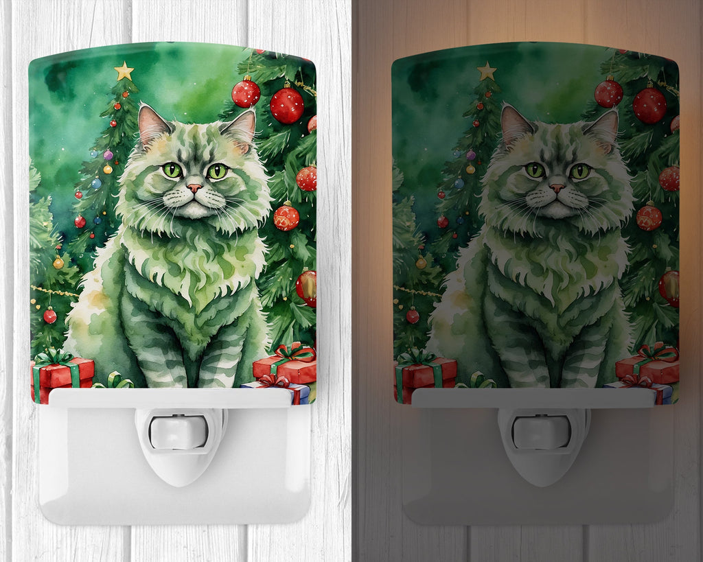 Selkirk Rex Cat By the Christmas Tree Ceramic Night Light