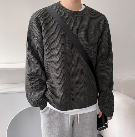 Versatile Solid Color Crew Neck Men's Slouchy Sweater