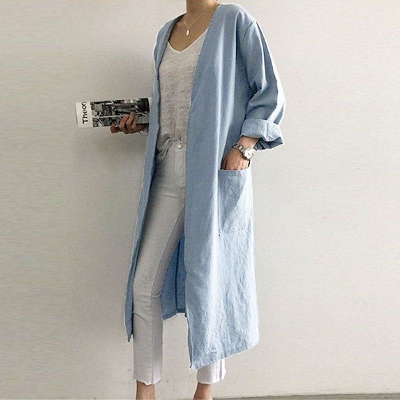 Casual Cotton-Linen Long Over-the-Knee Trench Coat
