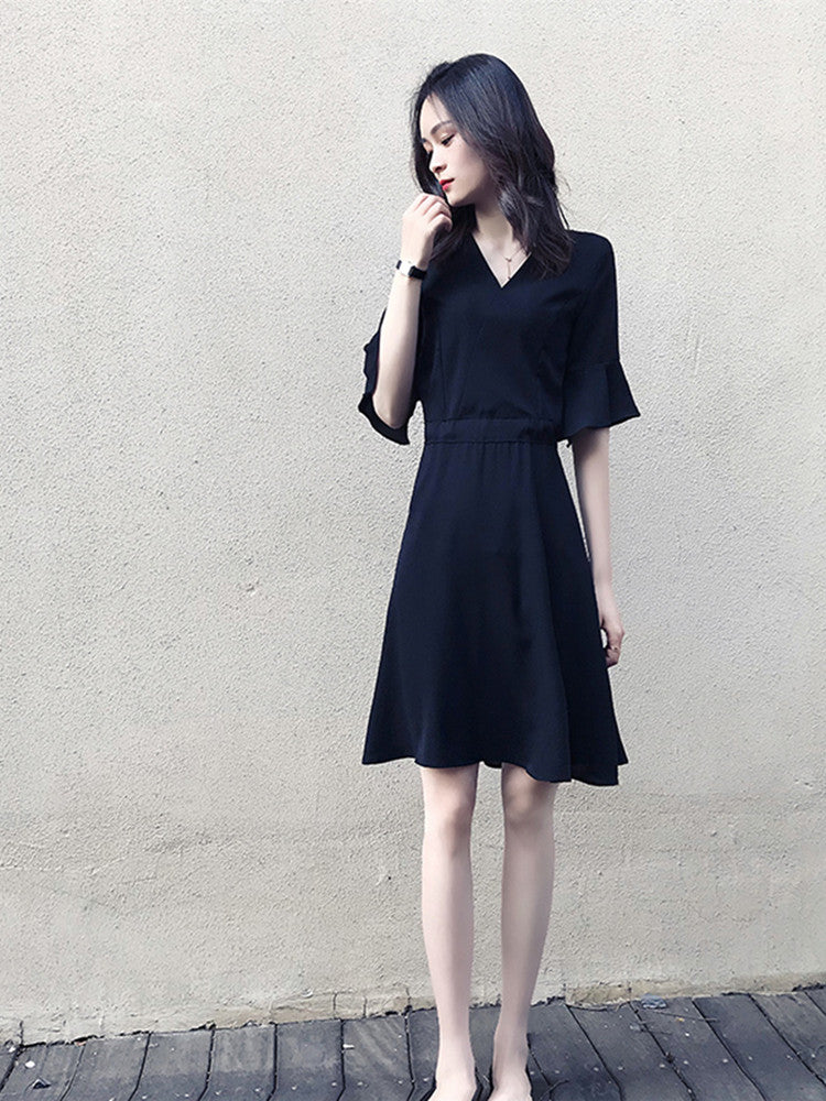 2020 Spring Summer Hepburn Style V-Neck A-Line Dress