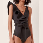 Solid Color Ruffled Belted One-Piece Swimsuit 2024