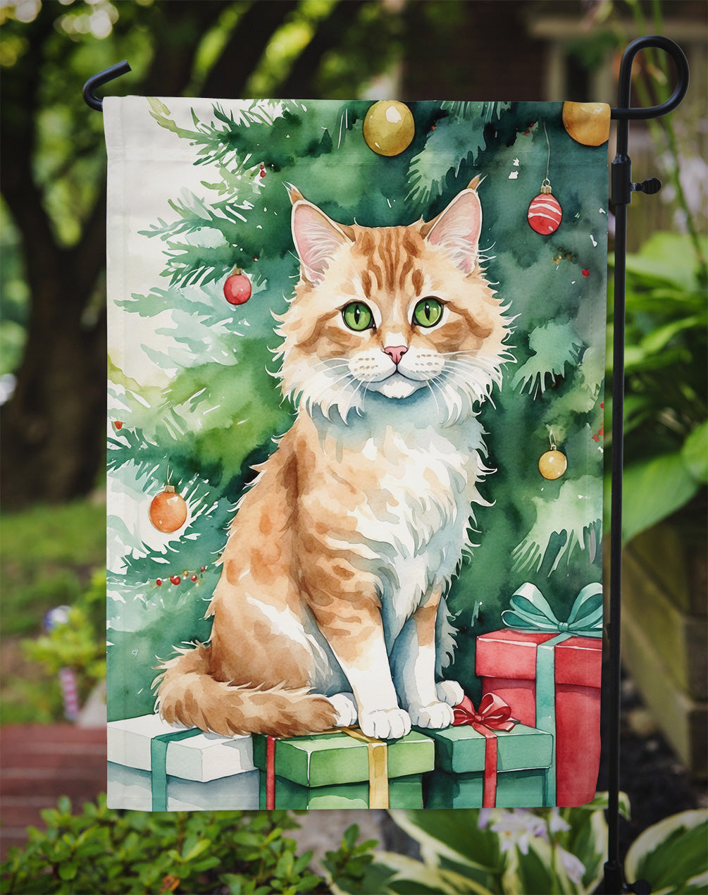 Skookum Cat By the Christmas Tree Garden Flag