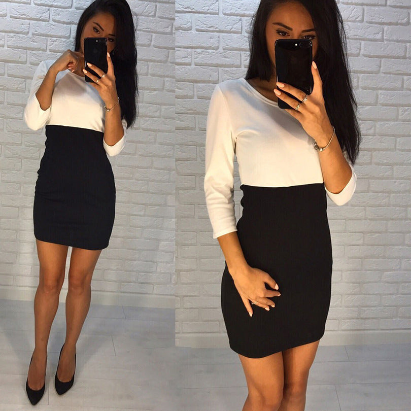 Color-blocked Midi Dress with Three-Quarter Sleeves