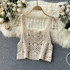 Hollow Lace Wide Leg Knit Pants and Crop Top Set