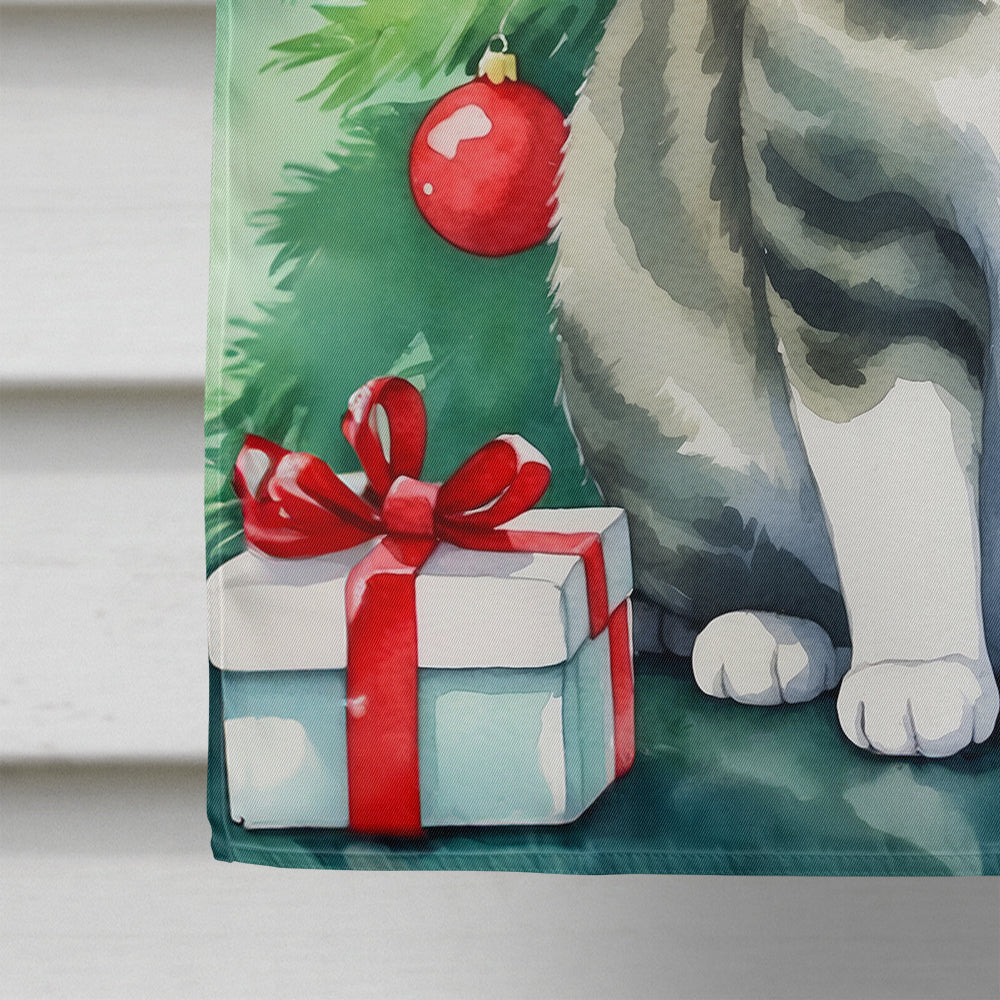 Korean Bobtail Cat By the Christmas Tree House Flag