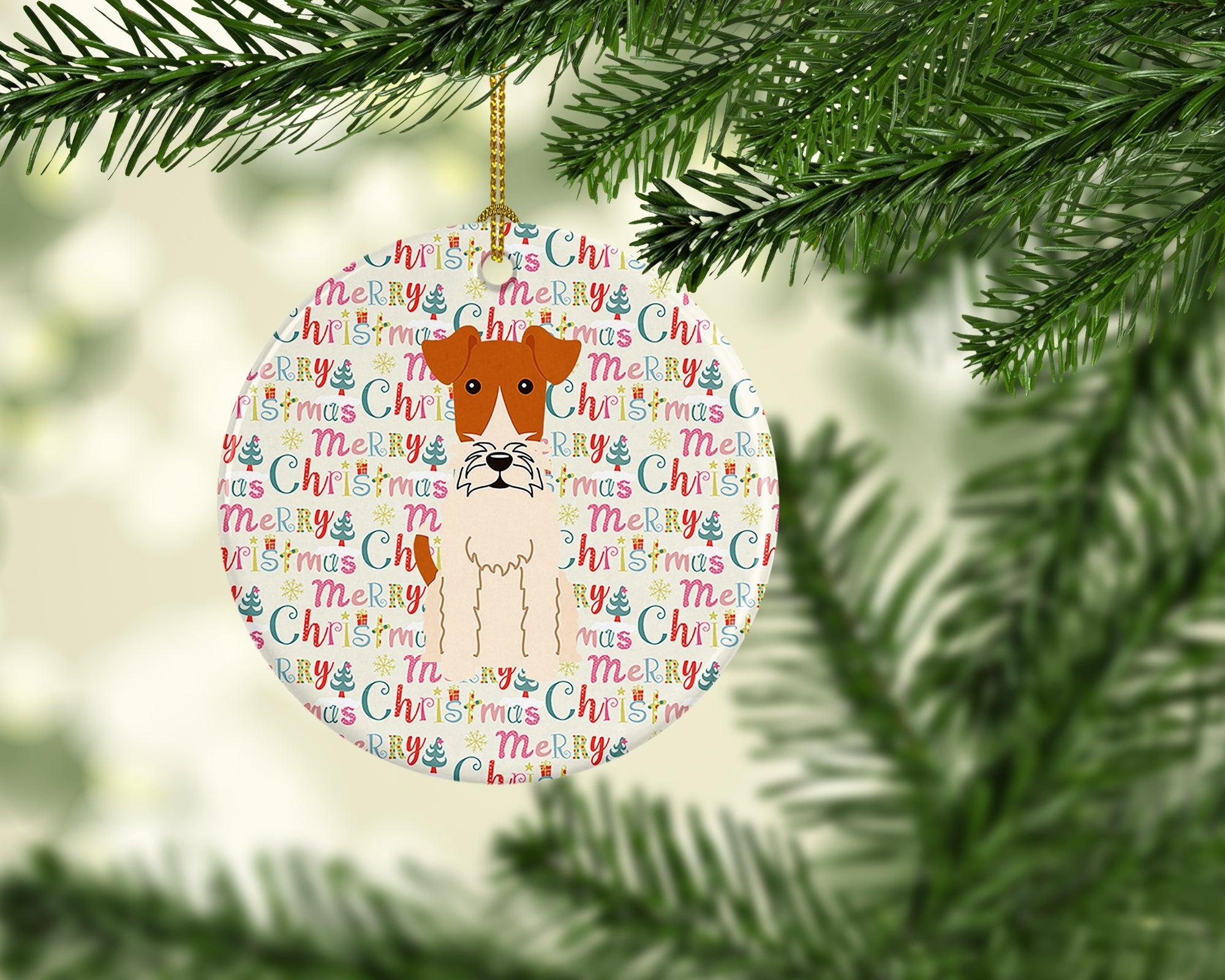 Merry Christmas Wire Fox Terrier Ceramic Ornament