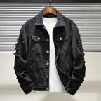 Men's Ripped Denim Jacket with Turndown Collar