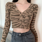 American Retro Leopard V-Neck Knitted Cardigan for Women