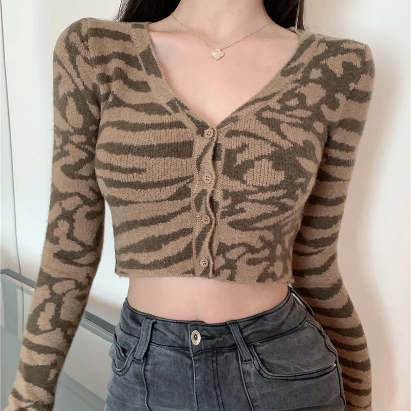 American Retro Leopard V-Neck Knitted Cardigan for Women