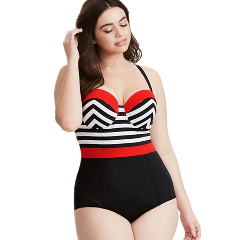 Black and White Striped Plus Size Women's Swimsuit