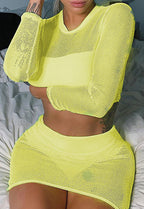 Fluorescent Green Sheer Long Sleeve Crop Top for Women