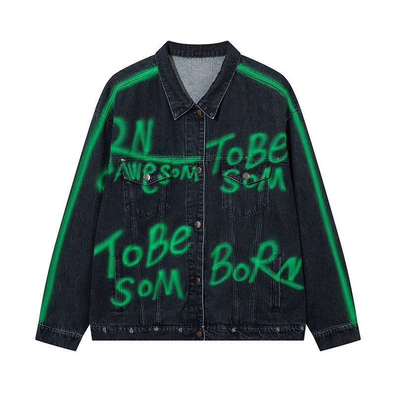 Hip Hop Inkjet Patterned Denim Jacket with American Letters