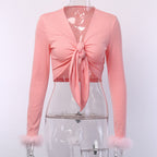 Tie-Front Long-Sleeve Crop Top with Feather Cuffs