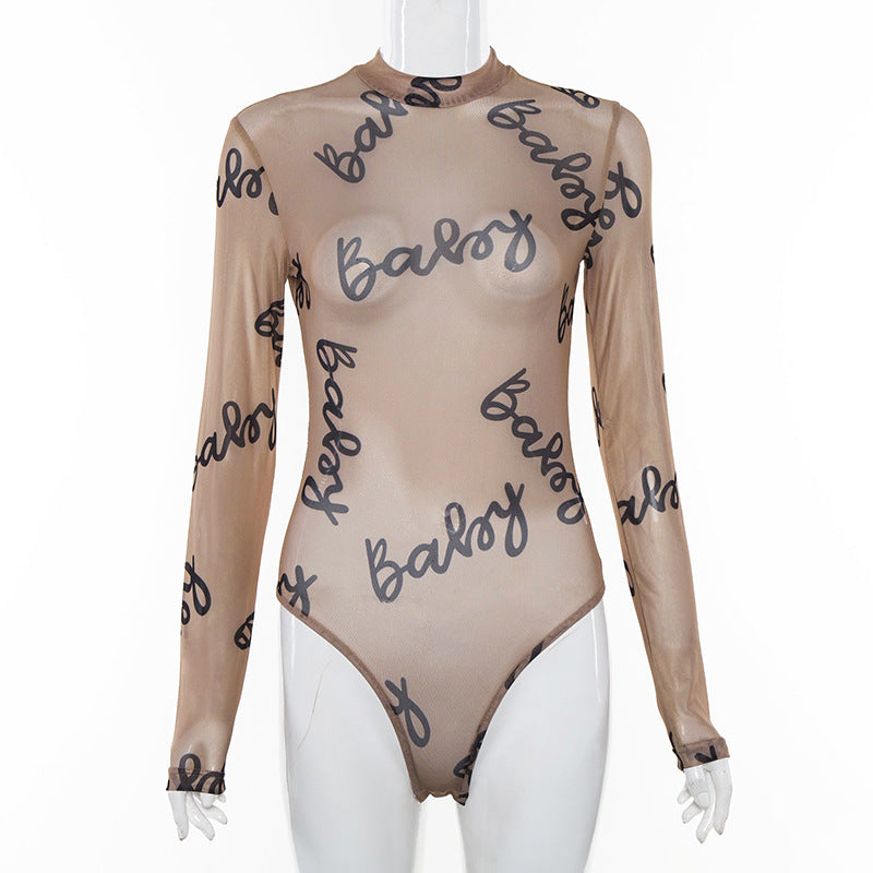 Sheer Mesh Long Sleeve T-Shirt Bodysuit with Letters
