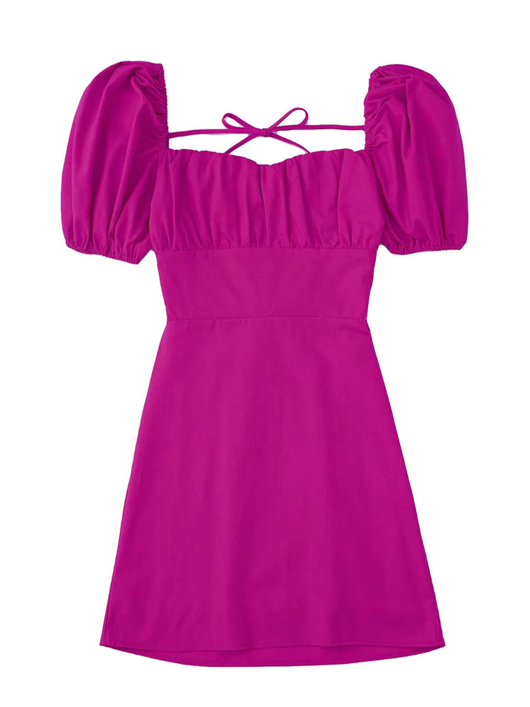 Backless Crossover Camisole Dress with Puff Sleeves