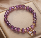 Amethyst Beaded Bracelet with Cat Charm for Women