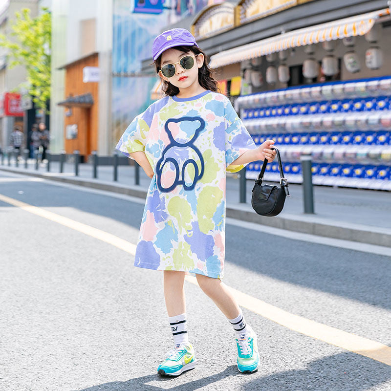 Girls' Mid-Length Summer Dress with Short Sleeves