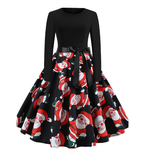 New Vintage Christmas Print Long Sleeve Dress for Women