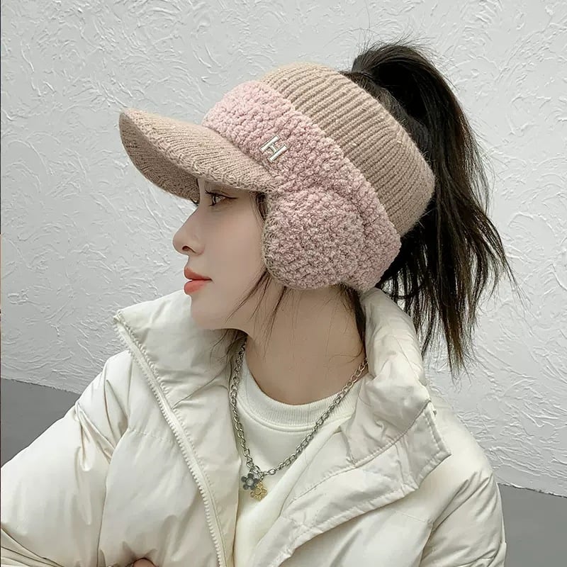Knitted Duck Tongue Earmuffs with Velvet Wool Hat | Embroidered Cap