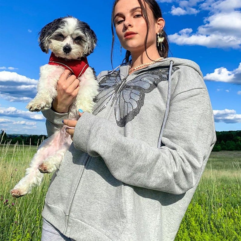 Halloween Women's Casual Butterfly Rhinestone Hoodie | Streetwear
