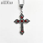 Silver Gothic Cross Necklace with Red Crystals