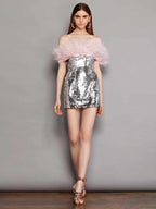 Off-the-Shoulder Feather Stitching Tube Top Dress