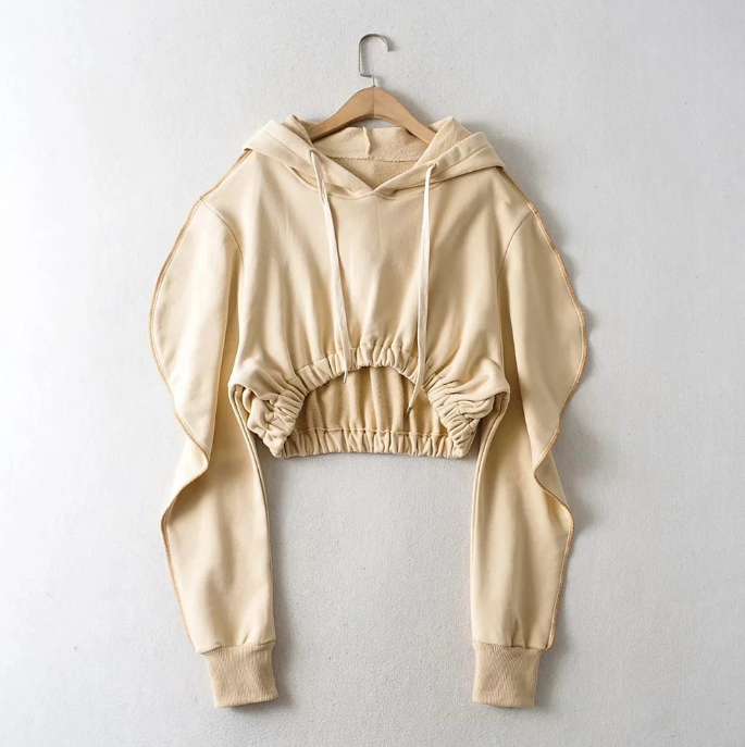 Apricot Hooded Pullover with Long Pile Sleeves | Streetwear