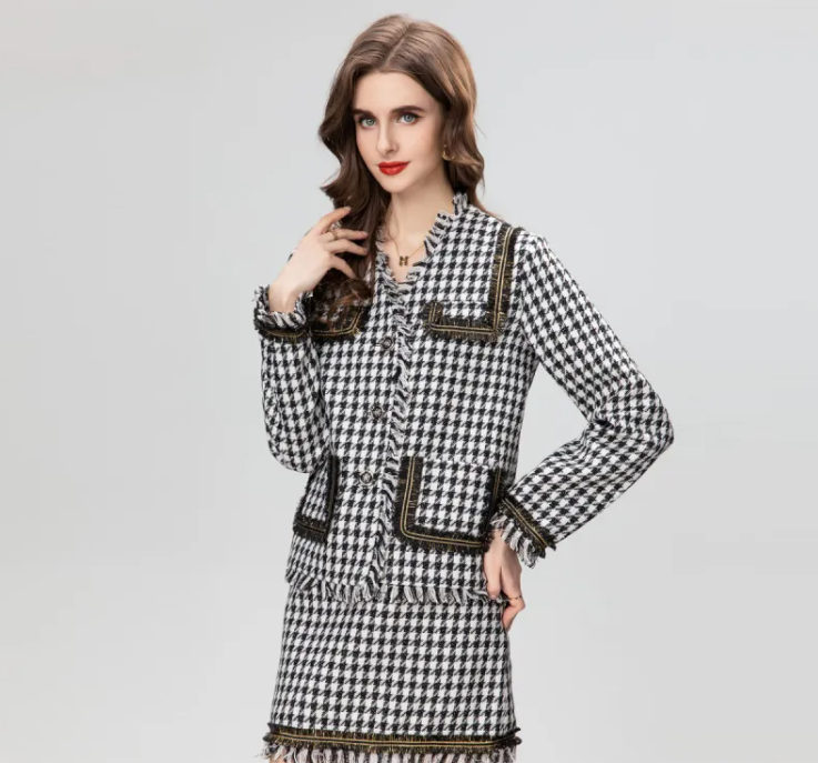 Houndstooth Tassel Short Coat with Skirt